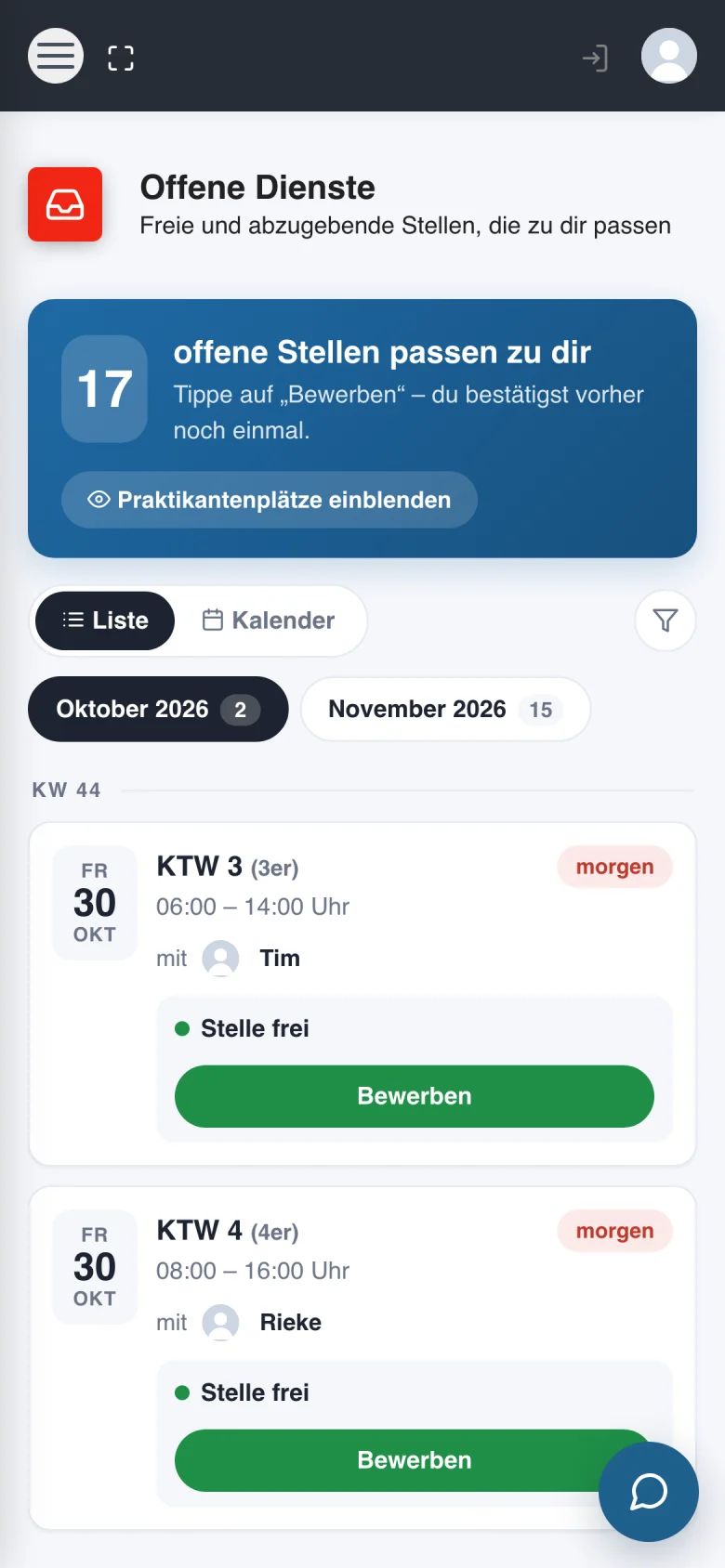Offene Dienste mit Bewerben-Knopf